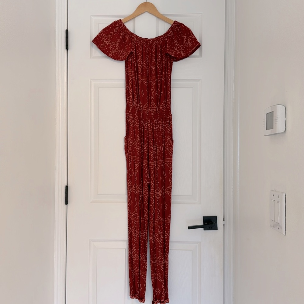 Anthropologie Beachgold off the shoulder jumpsuit (stretch waist)